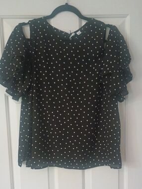 Elle Polka Dot Cold-Shoulder Ruffle Blouse - Black Size Large